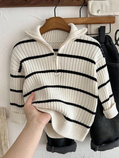 SHEIN LMoss Kids كارديجان شتوي للأولاد ذو ياقة عالية مخطط مزود بسحاب، متعدد الاستخدامات للمنزل والمدرسة والخروجات، بلون بيج وأسود