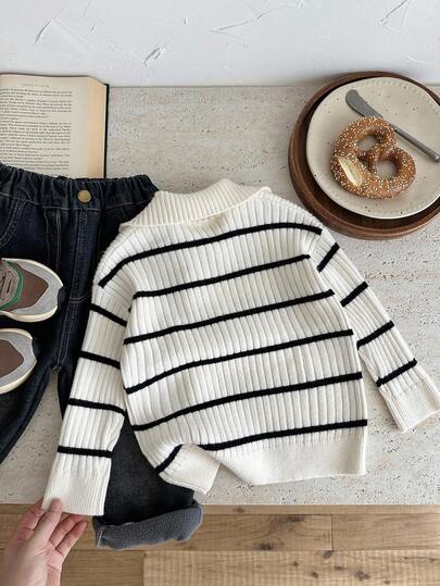 SHEIN LMoss Kids كارديجان شتوي للأولاد ذو ياقة عالية مخطط مزود بسحاب، متعدد الاستخدامات للمنزل والمدرسة والخروجات، بلون بيج وأسود