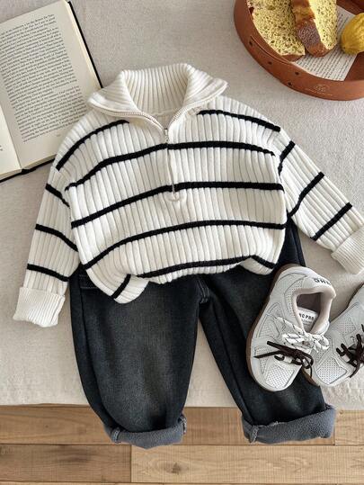 SHEIN LMoss Kids كارديجان شتوي للأولاد ذو ياقة عالية مخطط مزود بسحاب، متعدد الاستخدامات للمنزل والمدرسة والخروجات، بلون بيج وأسود
