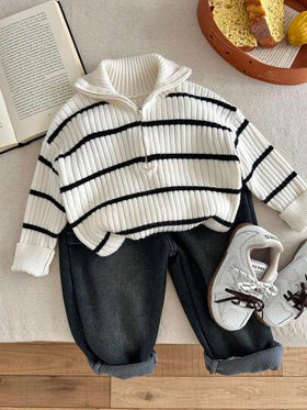 SHEIN LMoss Kids كارديجان شتوي للأولاد ذو ياقة عالية مخطط مزود بسحاب، متعدد الاستخدامات للمنزل والمدرسة والخروجات، بلون بيج وأسود