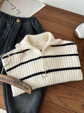 SHEIN LMoss Kids كارديجان شتوي للأولاد ذو ياقة عالية مخطط مزود بسحاب، متعدد الاستخدامات للمنزل والمدرسة والخروجات، بلون بيج وأسود
