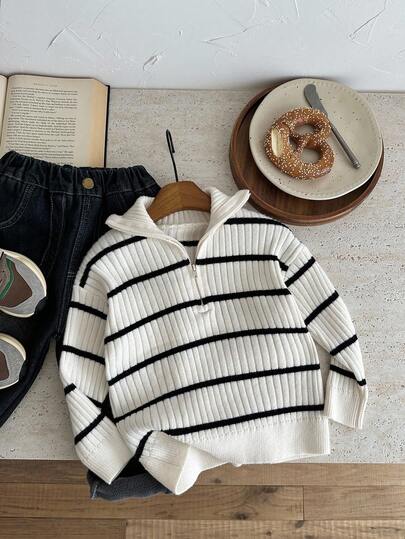 SHEIN LMoss Kids كارديجان شتوي للأولاد ذو ياقة عالية مخطط مزود بسحاب، متعدد الاستخدامات للمنزل والمدرسة والخروجات، بلون بيج وأسود