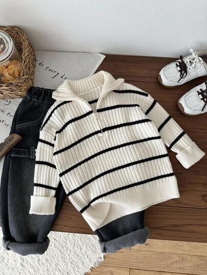 SHEIN LMoss Kids كارديجان شتوي للأولاد ذو ياقة عالية مخطط مزود بسحاب، متعدد الاستخدامات للمنزل والمدرسة والخروجات، بلون بيج وأسود