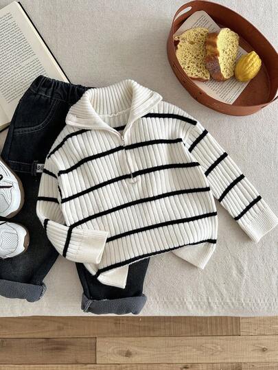 SHEIN LMoss Kids كارديجان شتوي للأولاد ذو ياقة عالية مخطط مزود بسحاب، متعدد الاستخدامات للمنزل والمدرسة والخروجات، بلون بيج وأسود