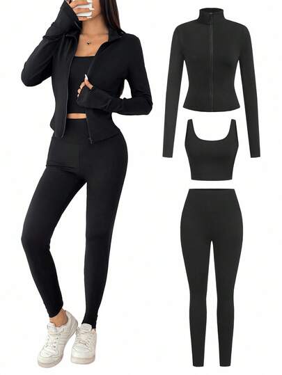 SHEIN EZwear مجموعة ملابس رياضية 3 قطع تتكون من كاردجان أسود مزرر بسحاب + بلوزة كامسول + بنطلون