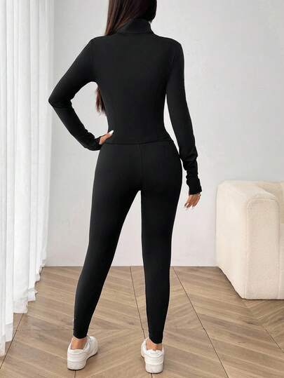 SHEIN EZwear مجموعة ملابس رياضية 3 قطع تتكون من كاردجان أسود مزرر بسحاب + بلوزة كامسول + بنطلون