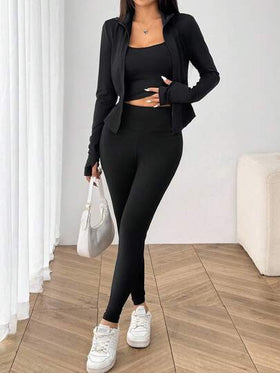 SHEIN EZwear مجموعة ملابس رياضية 3 قطع تتكون من كاردجان أسود مزرر بسحاب + بلوزة كامسول + بنطلون