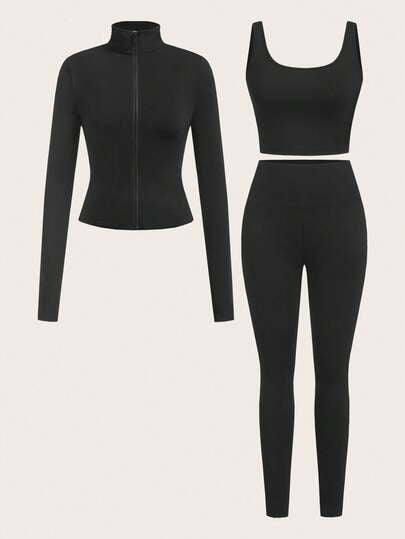 SHEIN EZwear مجموعة ملابس رياضية 3 قطع تتكون من كاردجان أسود مزرر بسحاب + بلوزة كامسول + بنطلون