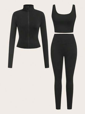 SHEIN EZwear مجموعة ملابس رياضية 3 قطع تتكون من كاردجان أسود مزرر بسحاب + بلوزة كامسول + بنطلون