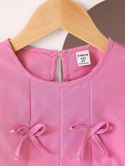 SHEIN Playful Pals مجموعة بدلة فتاة شابة مكونة من 2 قطعة، ملابس علوية مزين بفيونكة جميلة وبنطلون واسع الساق، مناسبة لفصلي الربيع والخريف