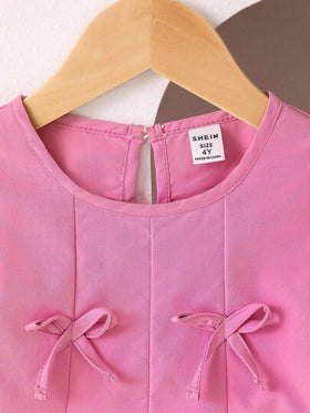 SHEIN Playful Pals مجموعة بدلة فتاة شابة مكونة من 2 قطعة، ملابس علوية مزين بفيونكة جميلة وبنطلون واسع الساق، مناسبة لفصلي الربيع والخريف