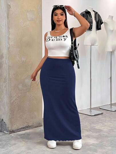 SHEIN EZwear تنورة قلم ماكسي بحجم كبير باللون الأزرق الداكن