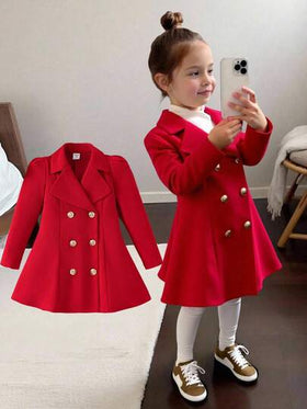 Emery Rose Kids Emery Rose Kids معطف مناسب للفتيات الصغيرات بتصميم لون أحادي، ياقة صدر مزدوجة الصدر، مناسب للارتداء اليومي والخارجي، مناسب للربيع/الخريف/الشتاء