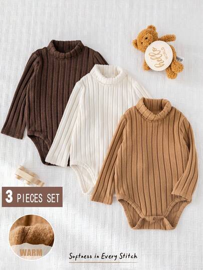 Cozy Pixies 3 قطع طقم رومبير طويل الأكمام بياقة طاقم لون أحادي ناعم للأطفال الصغار الذكور