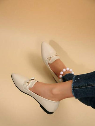 أحذية مسطحة كاجوال مريحة للنساء مزينة باللؤلؤ والراين بطراز قديم، أصبع القدم مدبب، قاع ناعم، مانع للانزلاق، مقاسات كبيرة