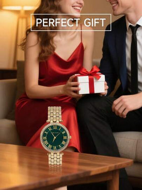 Anne Klein ساعة معصم للسيدات ذهبية اللون بحركة كوارتز، قرص أخضر لامع، مقاومة للماء، حالة فاخرة، موضة رجعية