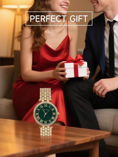Anne Klein ساعة معصم للسيدات ذهبية اللون بحركة كوارتز، قرص أخضر لامع، مقاومة للماء، حالة فاخرة، موضة رجعية
