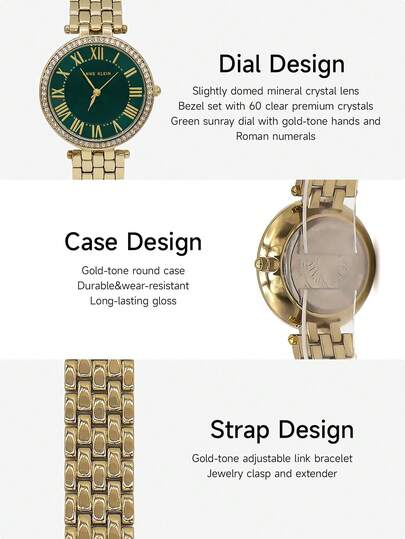 Anne Klein ساعة معصم للسيدات ذهبية اللون بحركة كوارتز، قرص أخضر لامع، مقاومة للماء، حالة فاخرة، موضة رجعية