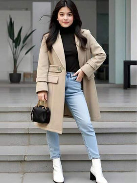SHEIN معطف بناتي قطعة واحدة، معطف أنيق متوسط الطول قابل للارتداء من الوجهين، مناسب للخريف والشتاء