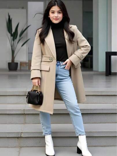 SHEIN معطف بناتي قطعة واحدة، معطف أنيق متوسط الطول قابل للارتداء من الوجهين، مناسب للخريف والشتاء