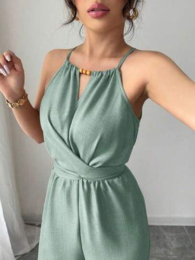 Selianne جمبسوت نسائية كاجوال قصيرة من قماش كريبي بني فاتح، تصميم حلقات لربط الخصر مع ربطة ورزات، مناسبة للربيع والصيف