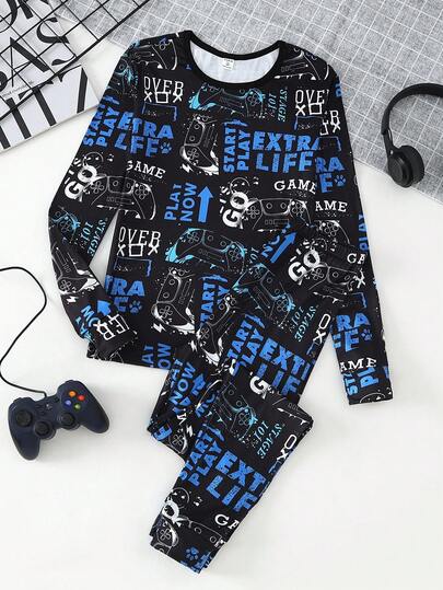مجموعة ملابس داخلية مريحة من قطعتين (ملابس علوية وبنطلون) للمراهقين الذكور، مطبوعة بتصميم وحدة التحكم في الألعاب والرسومات الجرافيتية باللونين الأزرق والأبيض، من قماش مطاطي ناعم