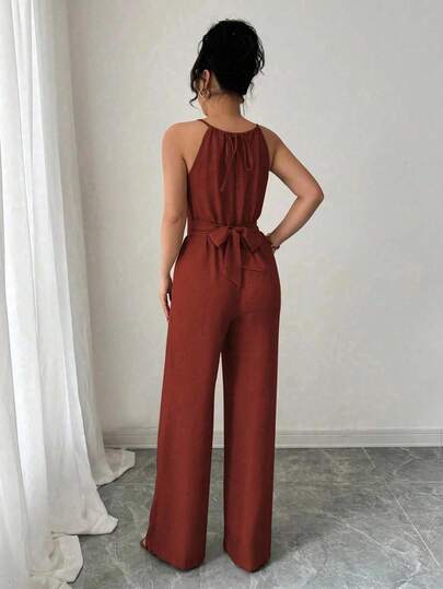 Selianne جمبسوت قطنية صيفية سهلة عادية للنساء ، مكورشة القماش، طراز عنق مكشوف، خصر مزين باللؤلؤ وأزرار مربوطة