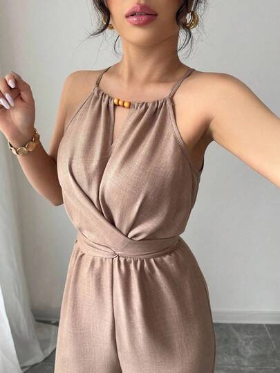 Selianne بدلة مرأة كاجوال من قماش كاكي مكرمل ذات رقبة هالتر، بحبال في الخصر مزينة بخرز، مناسبة للربيع والصيف