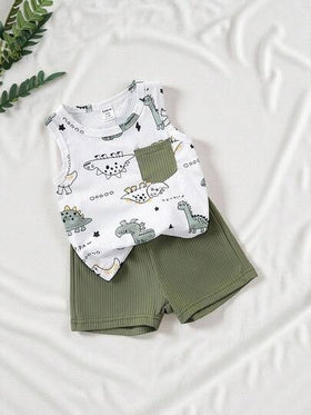 SHEIN طقم ملابس علوية بلا أكمام برقبة دائرية وشورت أخضر بطبعة ديناصور كرتونية للأطفال الصغار، طراز حيوي وجميل، مناسب للمغامرات الخارجية والارتداء المنزلي المريح وأوقات الحفلات الصيفية السعيدة