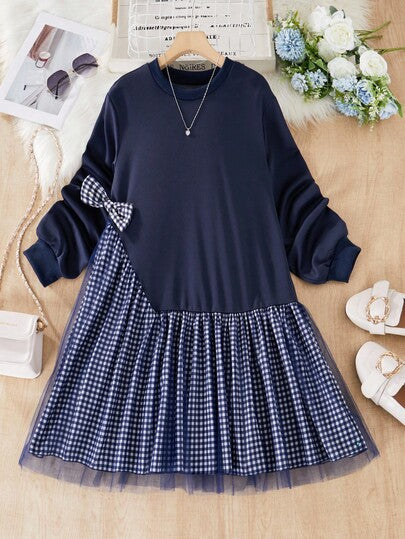 SHEIN فستان أنيق كاجوال للفتيات المراهقات مصنوع من قماش محبوك مزين بالكشكشة والشريط على شكل فراشة، قصة A-line أنيقة وجذابة