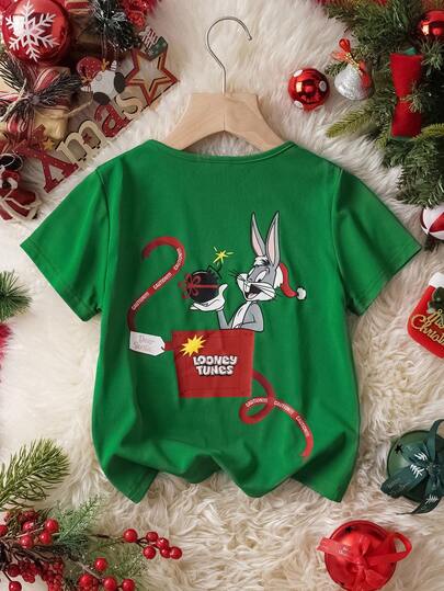 LOONEY TUNES X تي شيرت بياقة مستديرة وأكمام قصيرة مع رسوم كرتونية لعيد الميلاد للأولاد الصغار