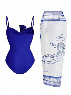 Swim Oasis بذلة سباغيتي قطعة واحدة للنساء و تنورة غطاء مطبوع بالنقوش الاستوائية، ملابس شاطئية