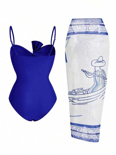 Swim Oasis بذلة سباغيتي قطعة واحدة للنساء و تنورة غطاء مطبوع بالنقوش الاستوائية، ملابس شاطئية