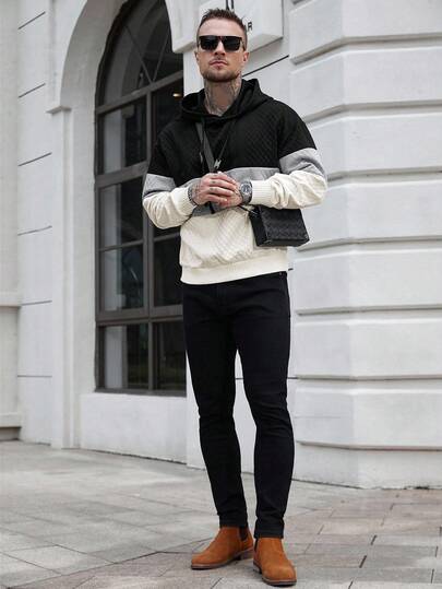Manfinity CasualCool معطف هودي مع حزام ، ملابس خارجية للرجال في الخريف ، ملابس رجالية لخريف 2025 ، هودي أساسي للرجال للخارج ، قماش بنسيج هرنسي ، تصميم بسحاب ، هدية مثالية للحبيب/الزوج ، ألوان كتل باللون الأسود والرمادي والمشمش