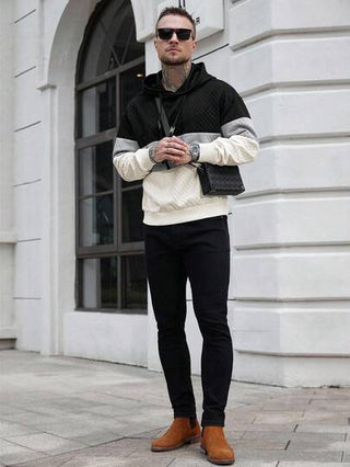 Manfinity CasualCool معطف هودي مع حزام ، ملابس خارجية للرجال في الخريف ، ملابس رجالية لخريف 2025 ، هودي أساسي للرجال للخارج ، قماش بنسيج هرنسي ، تصميم بسحاب ، هدية مثالية للحبيب/الزوج ، ألوان كتل باللون الأسود والرمادي والمشمش