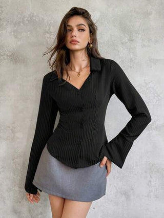 Dulcita قميص نسائي أكمام طويلة ذو أزرار أمامية مخطط بسيط، ملابس كاجوال للارتداء اليومي