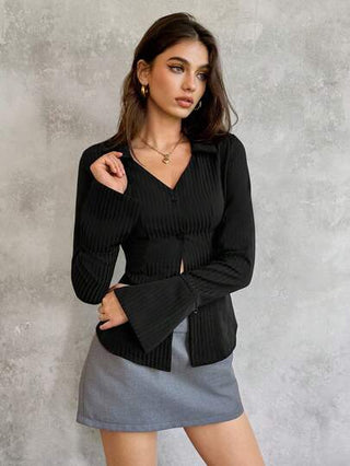 Dulcita قميص نسائي أكمام طويلة ذو أزرار أمامية مخطط بسيط، ملابس كاجوال للارتداء اليومي