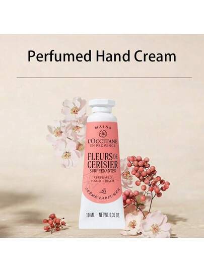 L'Occitane كريم اليد المعطر بحجم السفر بعطر زهور الكرز المذهلة لجميع أنواع البشرة، مرطب ومرطب لليدين، كريم حماية لليدين الجافة 10مل/0.34أونصة
