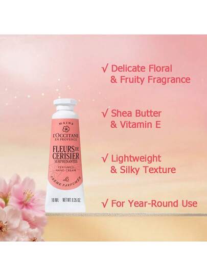 L'Occitane كريم اليد المعطر بحجم السفر بعطر زهور الكرز المذهلة لجميع أنواع البشرة، مرطب ومرطب لليدين، كريم حماية لليدين الجافة 10مل/0.34أونصة
