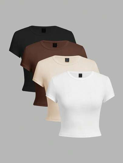 EZwear 4 قطع/مجموعة تيشيرت نسائي بأكمام قصيرة وياقة مستديرة ضيق، ذو لون أحادي مناسب للصيف