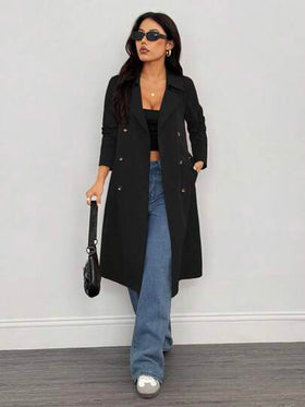 SHEIN PETITE معطف نسائي طويل الأكمام بخصر، شتوي، رأس السنة الجديدة، معطف أسود للأعمال