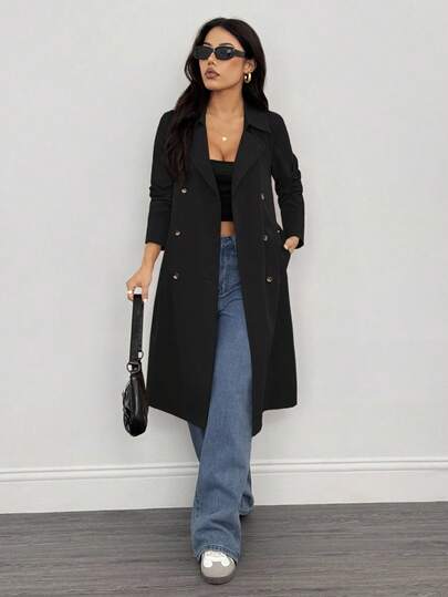 SHEIN PETITE معطف نسائي طويل الأكمام بخصر، شتوي، رأس السنة الجديدة، معطف أسود للأعمال