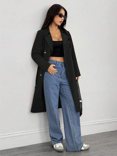 SHEIN PETITE معطف نسائي طويل الأكمام بخصر، شتوي، رأس السنة الجديدة، معطف أسود للأعمال