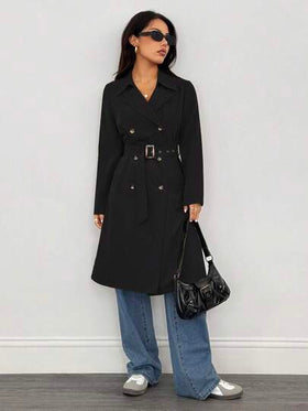 SHEIN PETITE معطف نسائي طويل الأكمام بخصر، شتوي، رأس السنة الجديدة، معطف أسود للأعمال