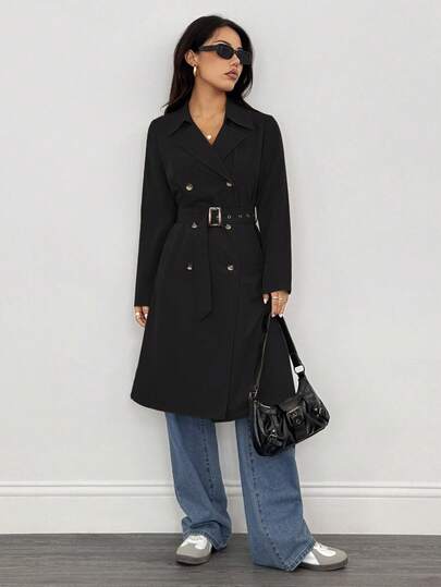 SHEIN PETITE معطف نسائي طويل الأكمام بخصر، شتوي، رأس السنة الجديدة، معطف أسود للأعمال