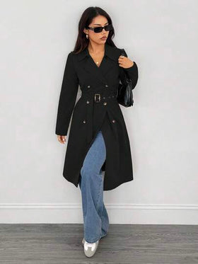 SHEIN PETITE معطف نسائي طويل الأكمام بخصر، شتوي، رأس السنة الجديدة، معطف أسود للأعمال