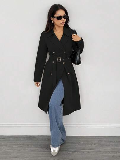 SHEIN PETITE معطف نسائي طويل الأكمام بخصر، شتوي، رأس السنة الجديدة، معطف أسود للأعمال