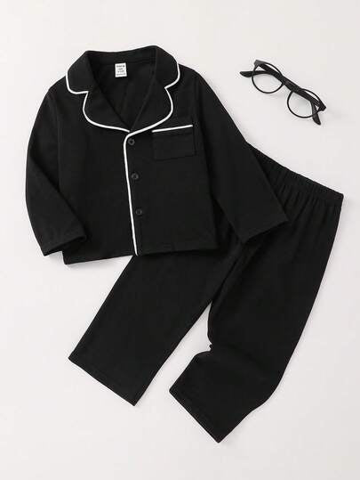SHEIN مجموعة بيجامة للأطفال الصبيان 2 قطعة، بنطلون وبلوزة كم طويل أسود بياقة كاجوال