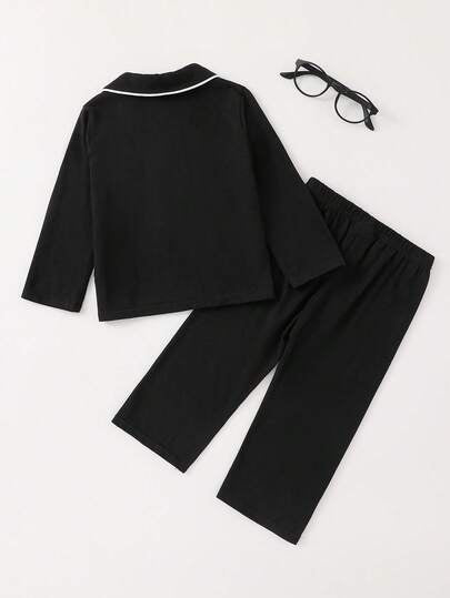 SHEIN مجموعة بيجامة للأطفال الصبيان 2 قطعة، بنطلون وبلوزة كم طويل أسود بياقة كاجوال