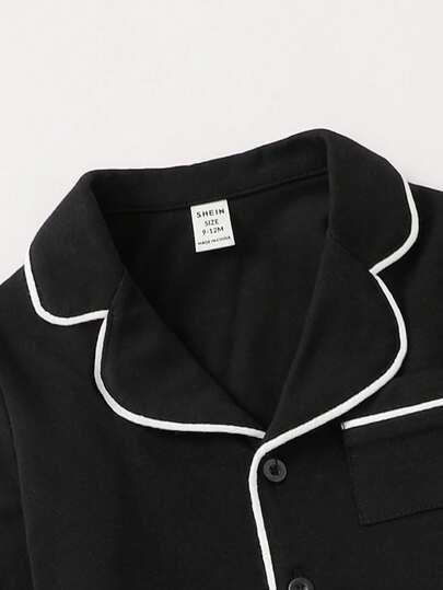 SHEIN مجموعة بيجامة للأطفال الصبيان 2 قطعة، بنطلون وبلوزة كم طويل أسود بياقة كاجوال